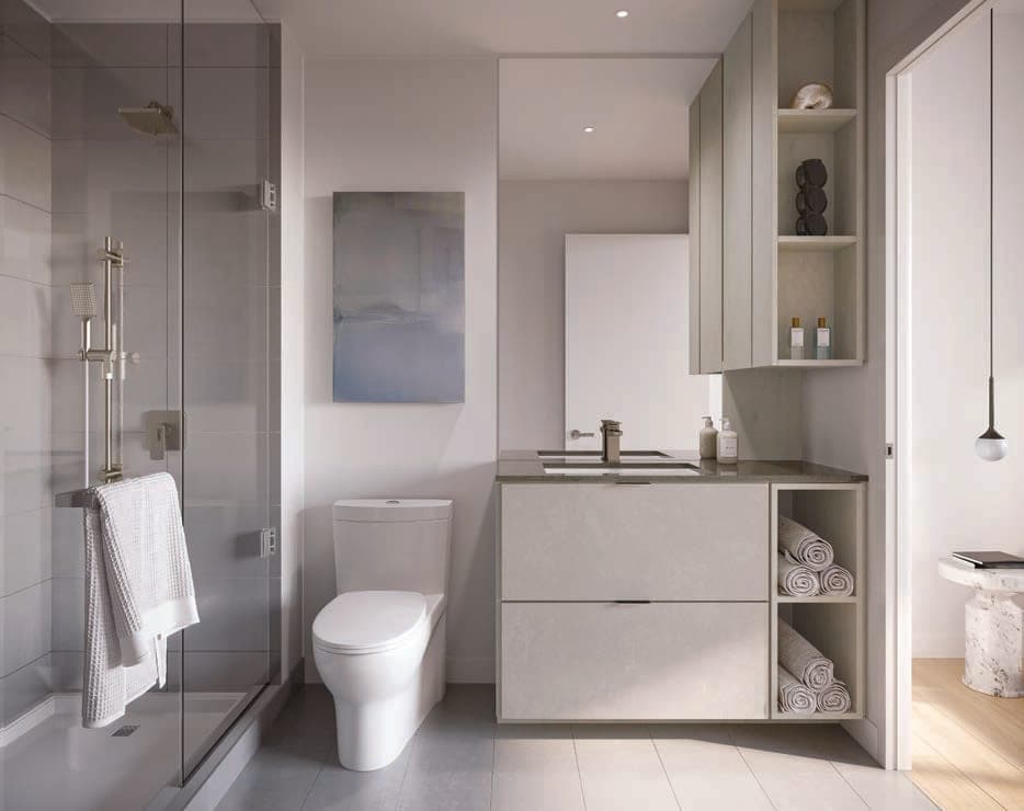 Bathroom with frameless glass shower and custom vanity. Artist's concept.