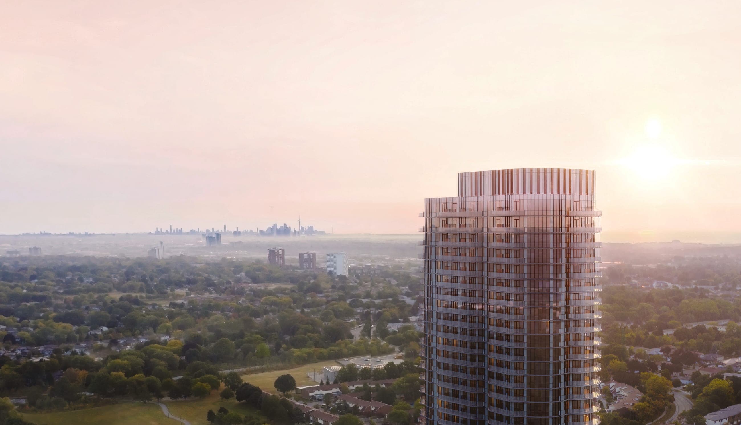 Alba's 32-storey tower at sunrise over Downtown Mississauga, with Lake Ontario and the Toronto skyline in the distance. Artist's concept.