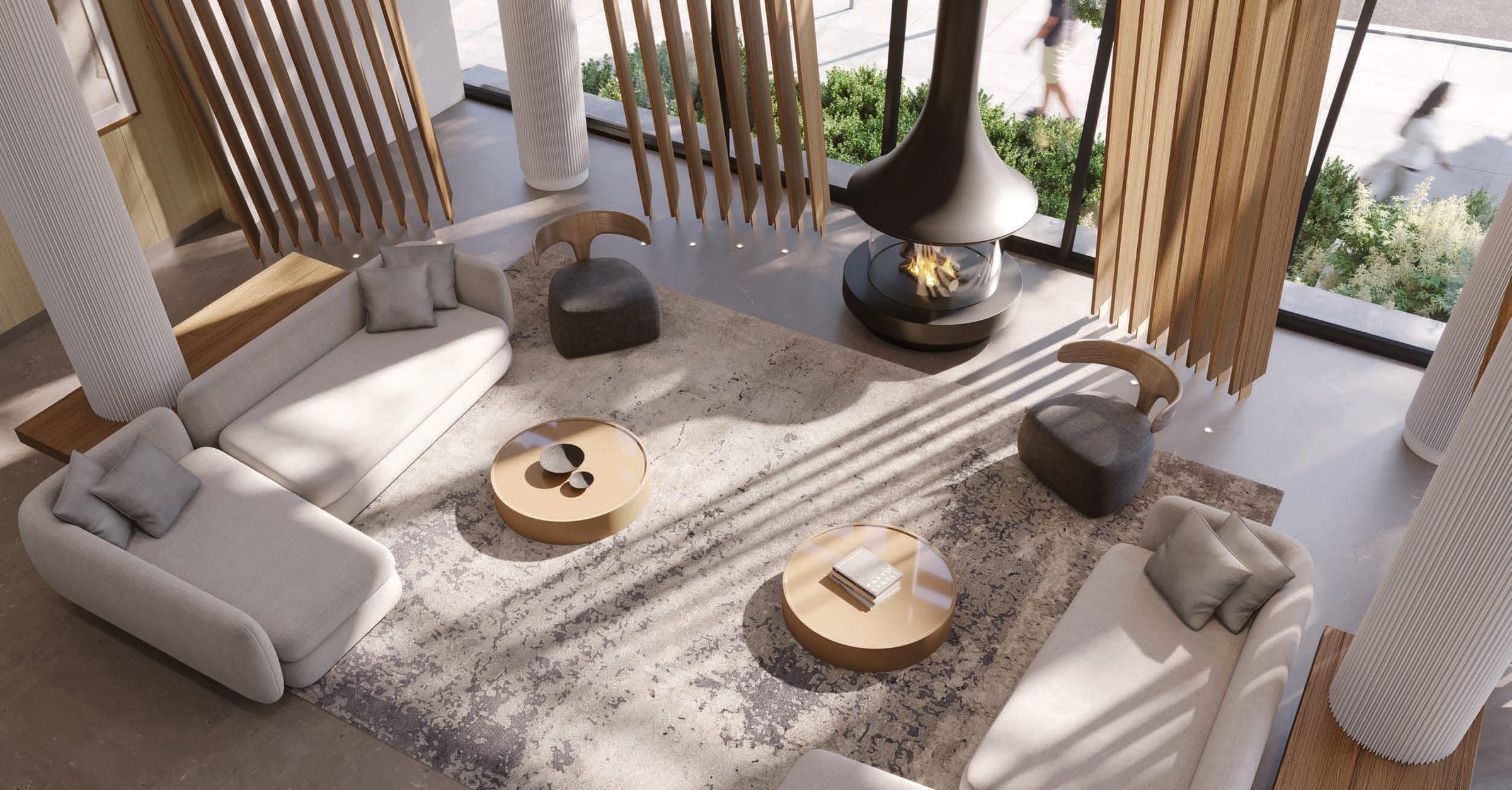 Double-height lobby lounge with suspended fireplace and wood louvers. Artist's concept.